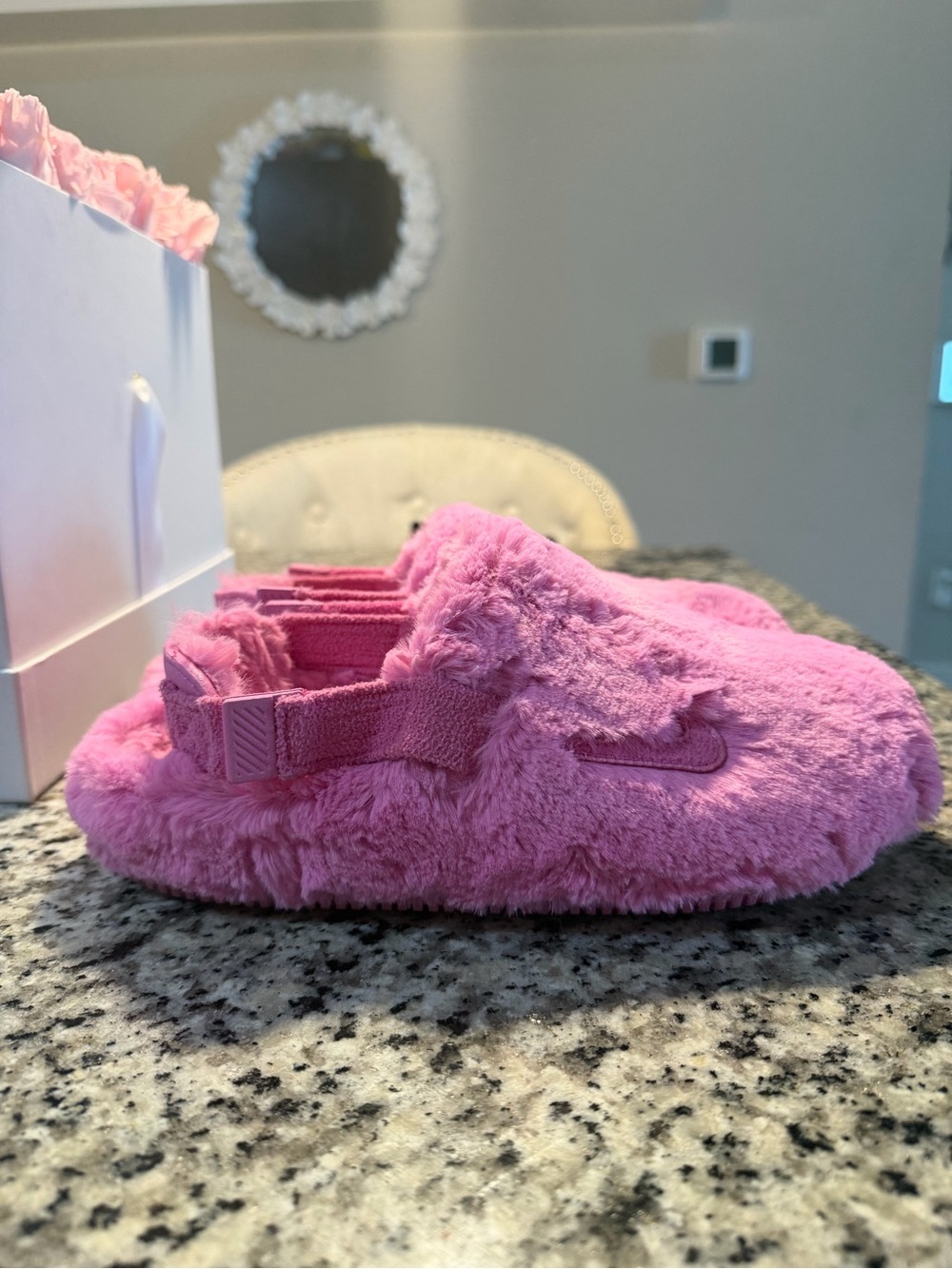 Nike Pink Fuzzy Slide Slippers with Elastic Heel Strap